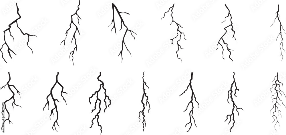 Wall mural vector lightning silhouettes set. elements for thunderstorm.vector graphic elements collection