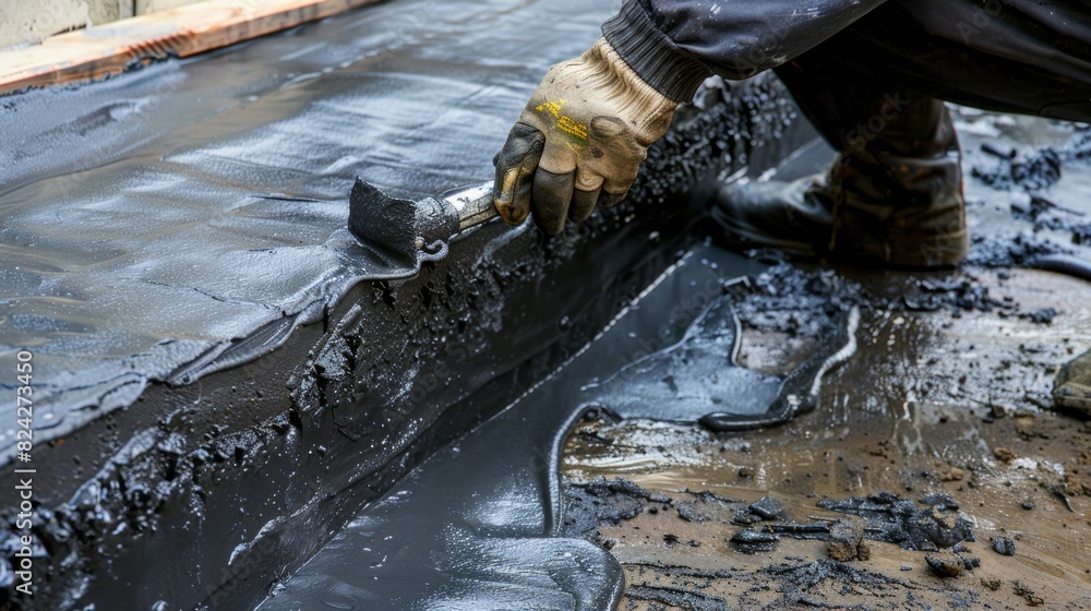Poster a closeup of a worker using a special tool to apply a layer of waterproofing tar to the corners and 