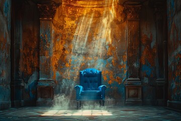 A lone blue armchair sits bathed in ethereal light in a grand, decaying hall.  The room is filled with a sense of mystery and intrigue.