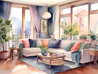 Fototapeta premium Cozy Living Room Watercolor Art