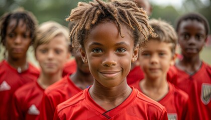 A young boy with dreadlocks smiles confidently at the camera, standing in front of his soccer team.