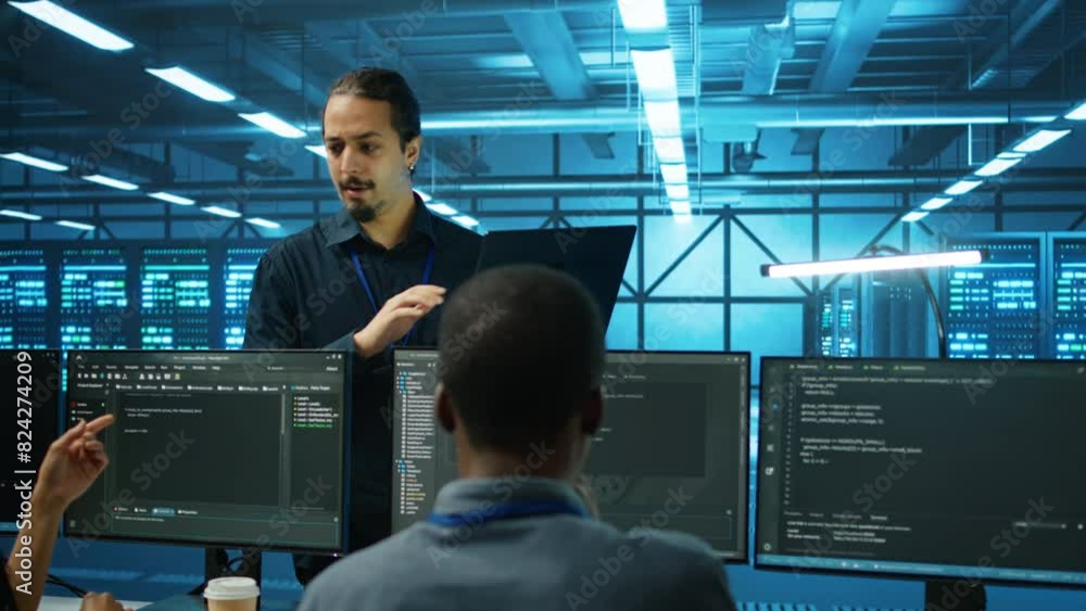 Poster manager supervising multiethnic team working in data center ensuring optimal performance. supervisor