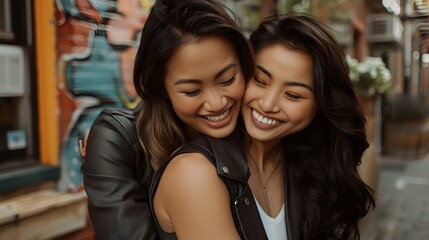 Asian LGBTQ couple in an editorial photoshoot, vibrant city backdrop