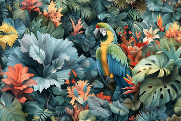 Obraz premium parrot in tropical forest, parrots in botanical paradise, botanical illustratio, vintage botanical illustration