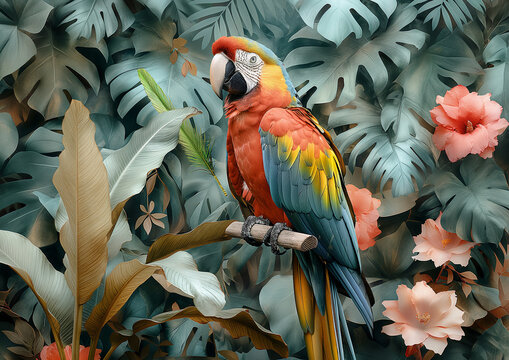 parrot in tropical forest, parrots in botanical paradise, botanical illustratio, vintage botanical illustration
