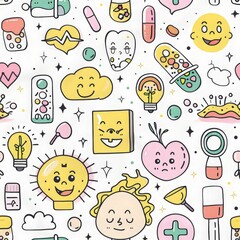 Playful and colorful doodle pattern featuring various happy faces, lightbulbs, and whimsical objects, creating a cheerful and fun design.