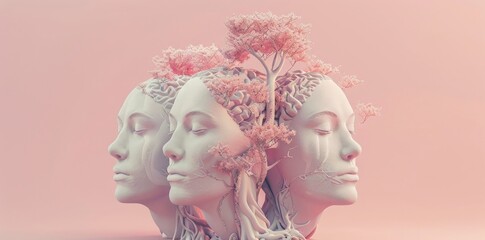 3d rendering of three human heads with brain and tree, concept illustration for mental health or mutant materials on pastel background. vector design. high detail, ultra realistic photography