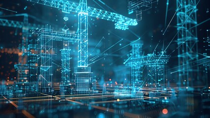 Abstract blue digital construction background with lines, data and cranes in dark space for engineering concept design or technology illustration. High resolution 3D rendering of a building site in th