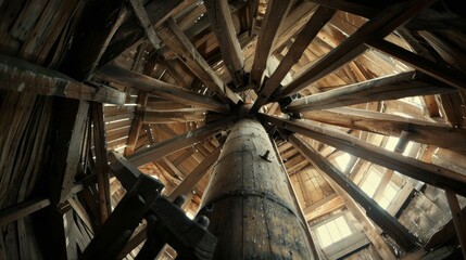 Inside a windmill the gentle creaking of its wooden base and the rhythmic tapping of its blades against the roof can be heard.
