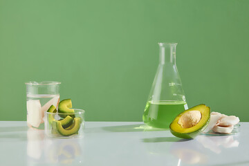 An erlenmeyer flask of green liquid displayed with pieces of coconut and slices of avocado. Green...