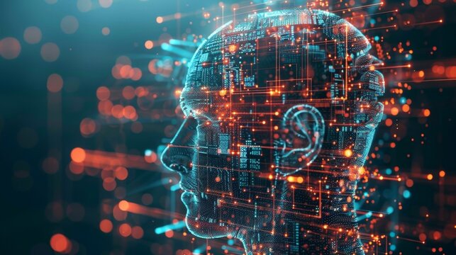An image of a human head made up of digital data and circuitry highlighting the merging of humanlike cognition and technological advancement.
