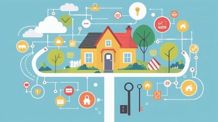 Illustration depicting a smart home with various interconnected devices and systems, showcasing modern technology integration for home automation.
