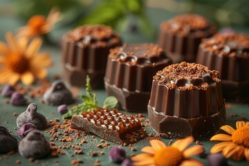 A plate of chocolate covered treats with a green background