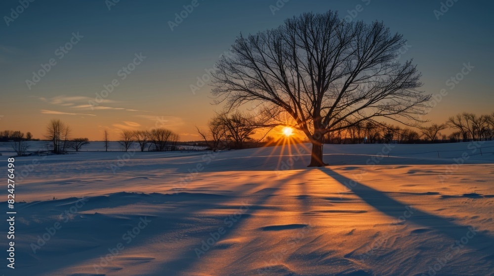 Poster the sun sets behind a tree casting a long shadow over the deep snow and creating an ominous feeling 