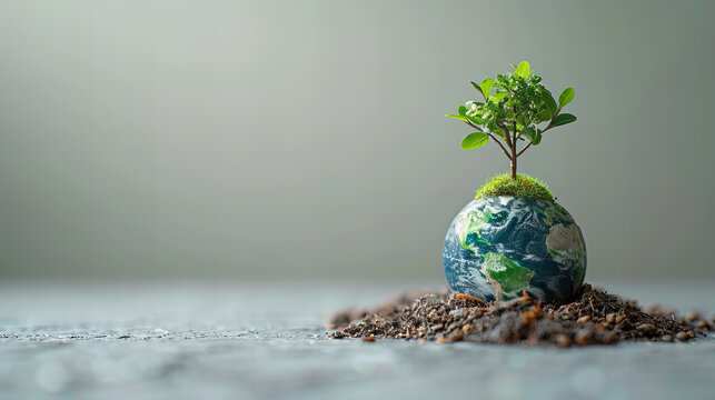 Tree Seedling on Earth Globe -  a tree seedling growing on an Earth globe model, symbolizing environmental protection and green living.