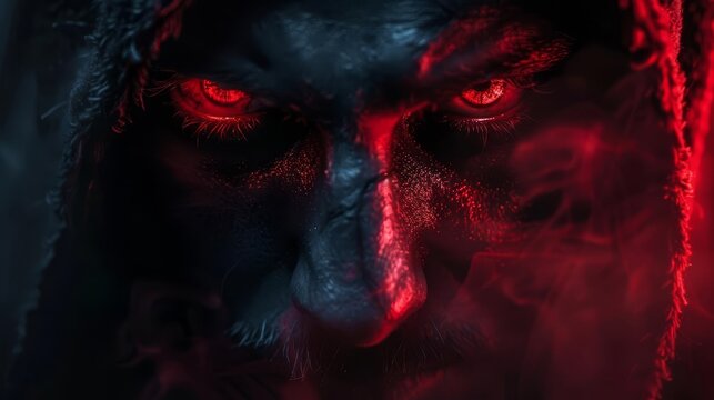 Show a dark lords face shrouded in shadow, with only their glowing eyes visible, exuding an aura of menace and power, Close up