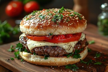 A hamburger with cheese and tomatoes on top