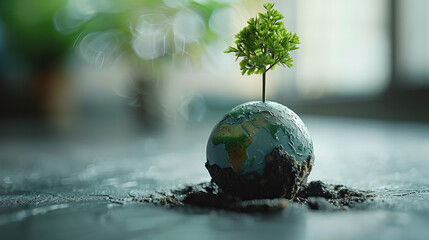  Small Tree on Earth Globe -  a small tree growing on an Earth globe model, symbolizing environmental protection and green living.