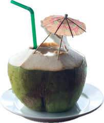 Fresh coconut drink on white background.
