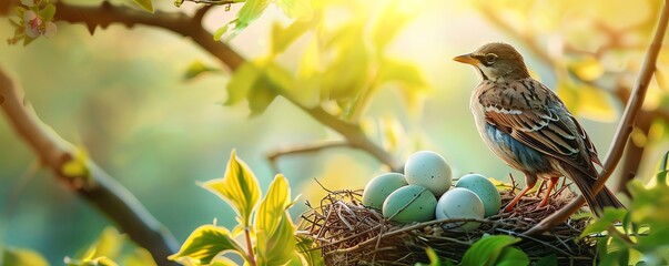 A bird sits on the nest with eggs in a green garden, nature background, sunrise light. Spring concept. Banner for web design or advertising. Copy space.