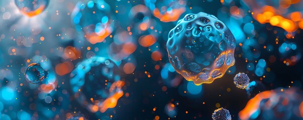 3D rendering of blue and orange microacerous cells floating in the air. The background is dark with blurred light rays. The scene has depth of field. In the background there are some colorful shapes o