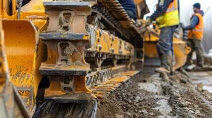 A team of workers replacing worn blades on a road grader improving its ability to level and smooth the ground for construction projects.