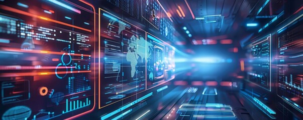 A futuristic business mentorship program with holographic guides for newcomers, Scifi, Cool tones, Digital painting, Sleek and modern