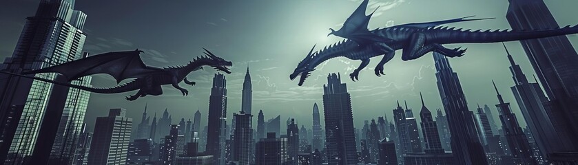 Fototapeta premium Dragons hovering over cityscape digital skyscrapers, Fantasy, Dark tones, modeling, Dramatic lighting