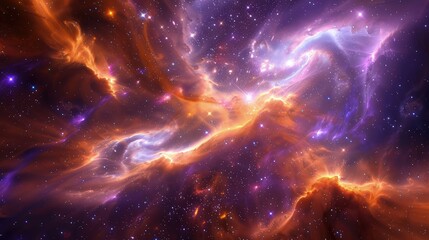 Obraz premium A stunning space galaxy scene featuring swirling nebula clouds in radiant purples and oranges, with millions of stars sparkling in the background.