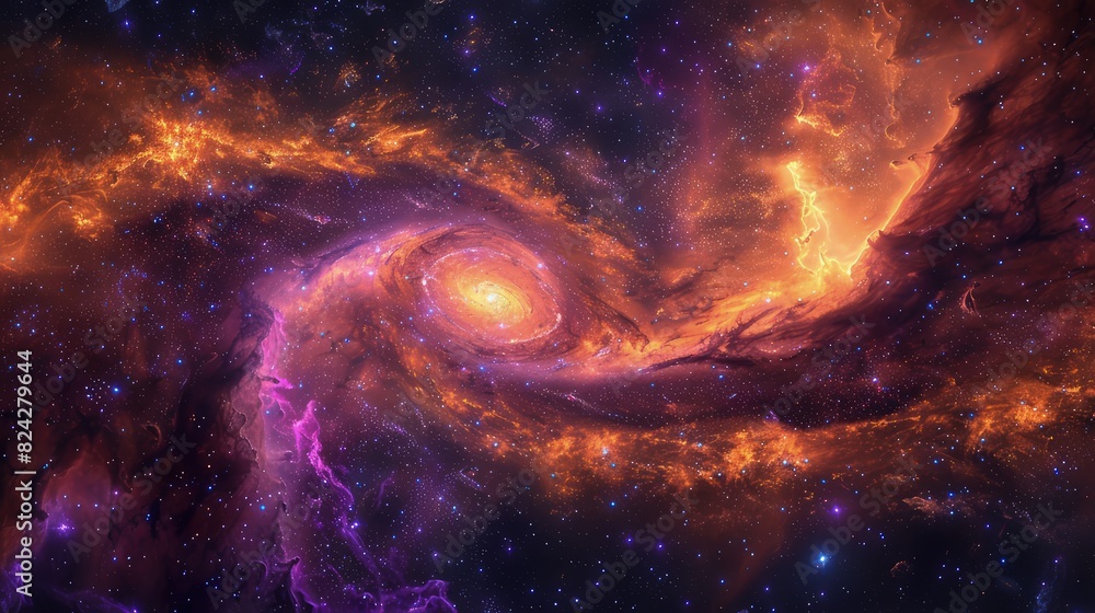 Wall mural a stunning space galaxy scene featuring swirling nebula clouds in radiant purples and oranges, with 