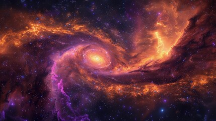 Obraz premium A stunning space galaxy scene featuring swirling nebula clouds in radiant purples and oranges, with millions of stars sparkling in the background.