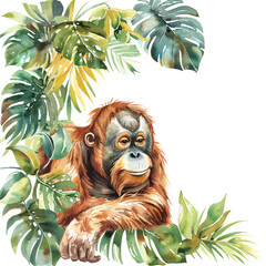 orangutan and tropical leaves watercolor vector illustration for background