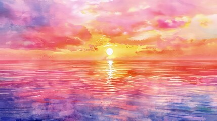 A stunning watercolor sunset painting illustration featuring a vibrant blend of pink, orange, and purple hues reflecting off the calm ocean.