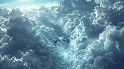 Flight Through Turbulent Skies - High-Definition Illustration of Airplane Maneuvering Amid Dramatic Cloud Formations