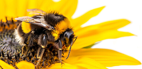 Bee and yellow flower isolated on white background. Close up of a large striped bee collecting pollen on a sunflower on a sunny bright day.  Summer and spring backgrounds banner