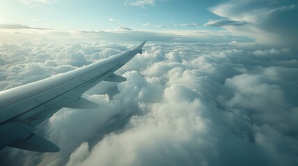 Obraz premium Majestic Commercial Airplane Wing Slicing Through Turbulent Clouds