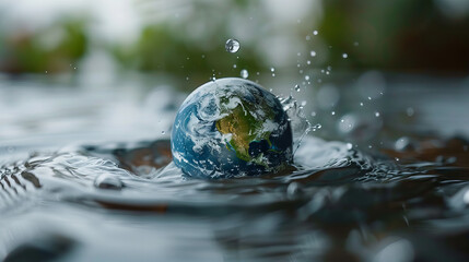 Earth Sphere Splashing in Water Close-Up - Close-up image of an Earth sphere splashing into water, highlighting themes of environmental conservation, water resources, and global awareness.
