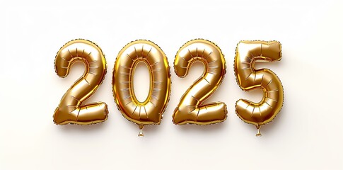 Golden foil balloons shaped to form the number "2025" on a white background, viewed from the front. New Year concept banner with space for copy text. Photorealistic style. New year golden balloon.