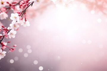 A delicate pink cherry blossom branch in full bloom forms a beautiful border against a spring background. Flower frame.