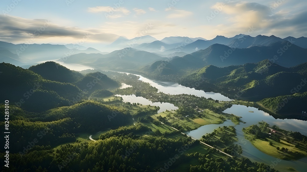 Wall mural beautiful landscape aerial view of green mountains and lake in the morning with sunrise sky. water a - Wall murals