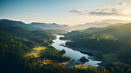 Beautiful landscape aerial view of green mountains and lake in the morning with sunrise sky. Water and forest sustainability concept. - Powered by Adobe
