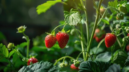 Unripe strawberries beginning to flourish in the indoor garden