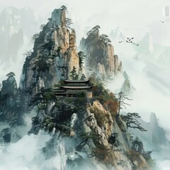 Chinese architecture with mountain and waterfall