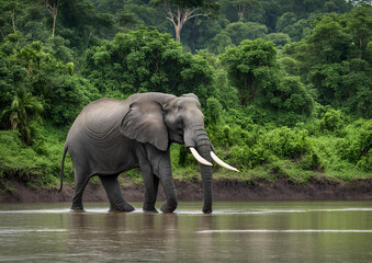 An African forest elephant (Loxodonta cyclotis) by the Lekoli River in Odzala-Kokoua National Park, Cuvette-Ouest Region, Republic of the Congo.