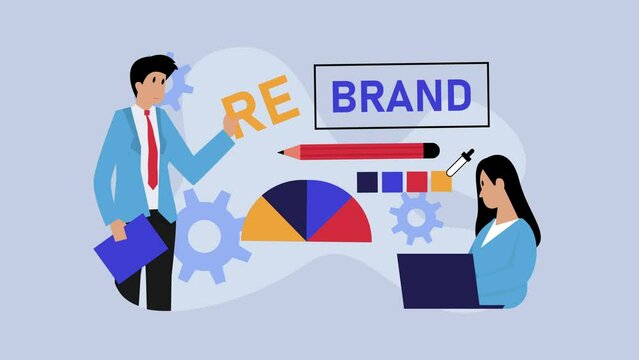 Business people rebranding as marketing strategy, change of brand identity cartoon animation