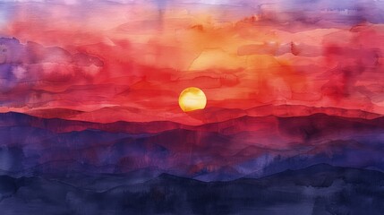 A tranquil watercolor sunset painting illustration blending crimson reds and amber oranges into twilight purples over a mountain range.