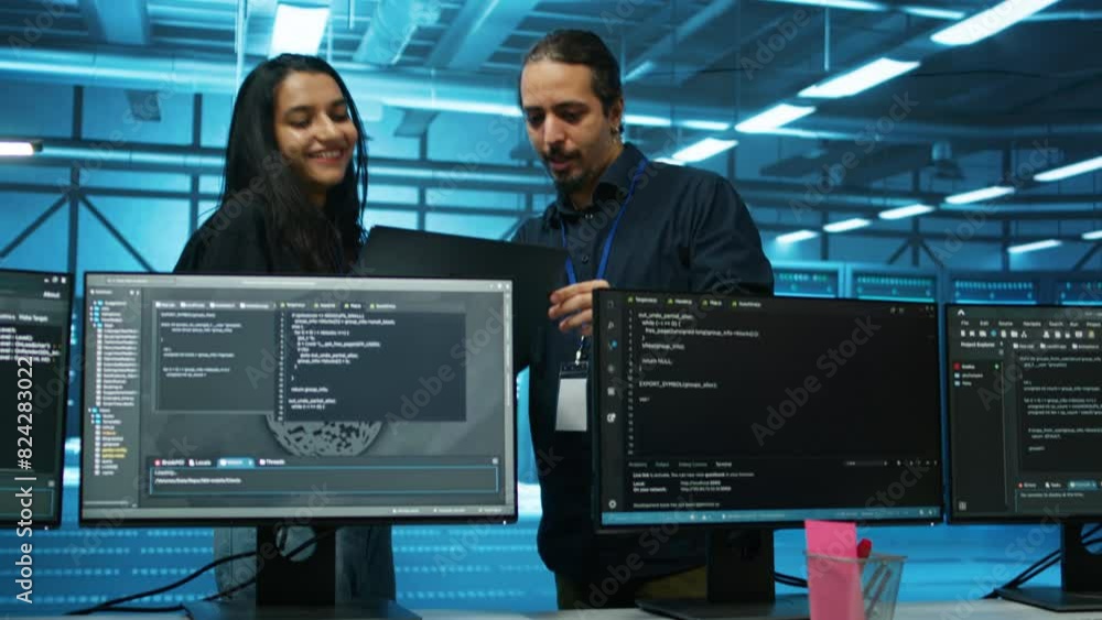 Poster engineers working in high tech server hub capable of processing and storing vast amounts of data. sp