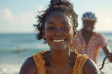 Joyful young african couple riding bicycles together, on the seaside promenade, Generative AI  - Powered by Adobe