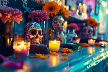 Vibrant surrealist Day of the Dead altar with Catrina figures in a spooky atmosphere. Captivating surrealism.