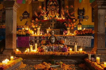 Fototapeta premium Vibrant and captivating Dia de los Muertos altar honoring tradition and spirit. A vibrant tribute.